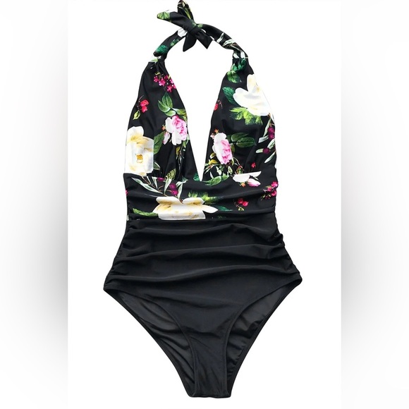 Black Solid and Floral Halter Tummy Control One Piece Swimsuit NWT Size XL - Picture 1 of 2